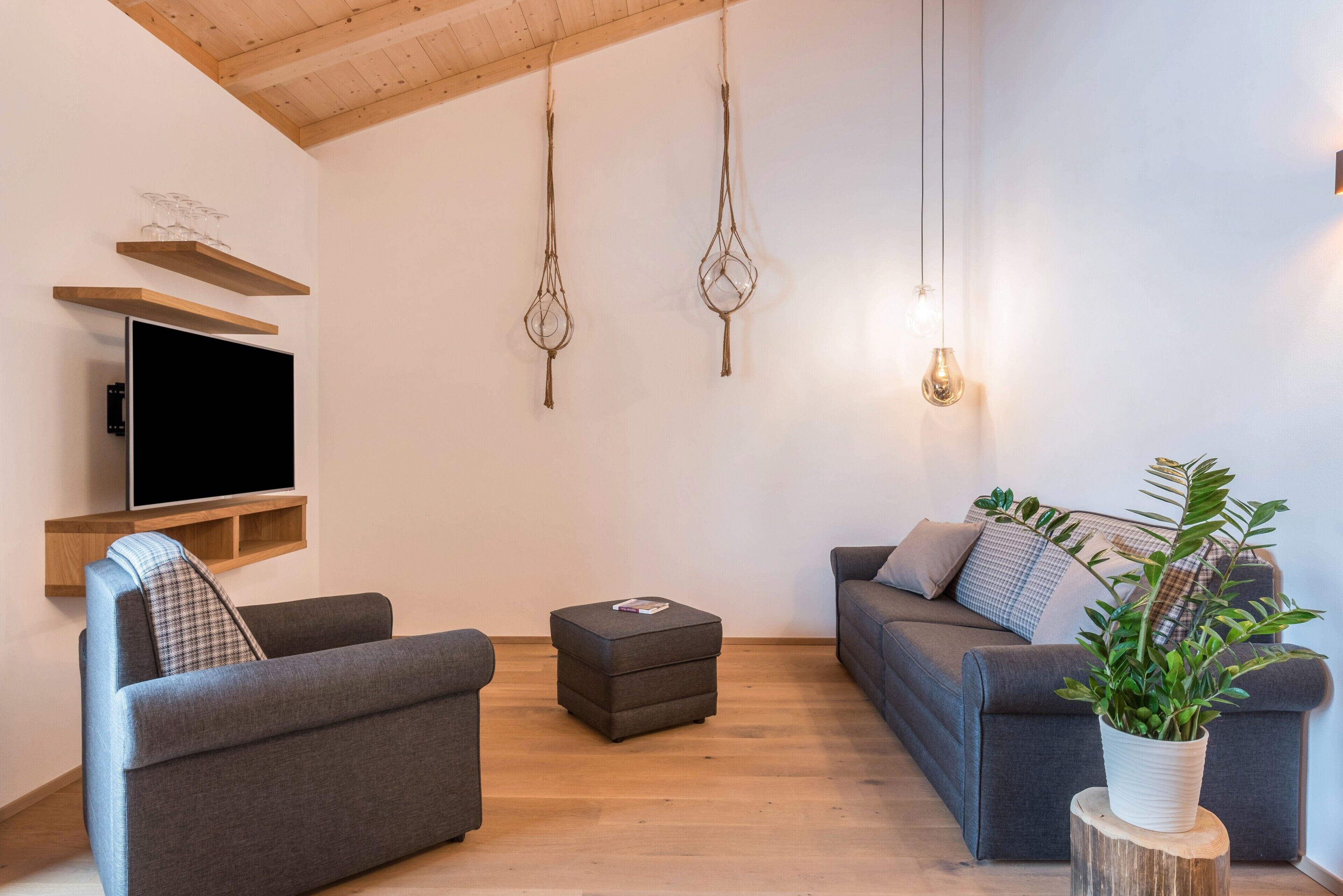 Un salon moderne avec un téléviseur à écran plat, deux canapés, un petit pouf, des poutres en bois au plafond et une plante en pot.