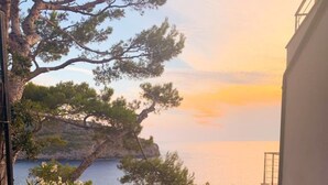 Une piscine avec vue sur la mer et un arbre.