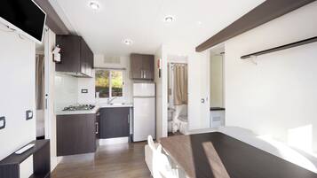 Fridge, microwave, stovetop, electric kettle