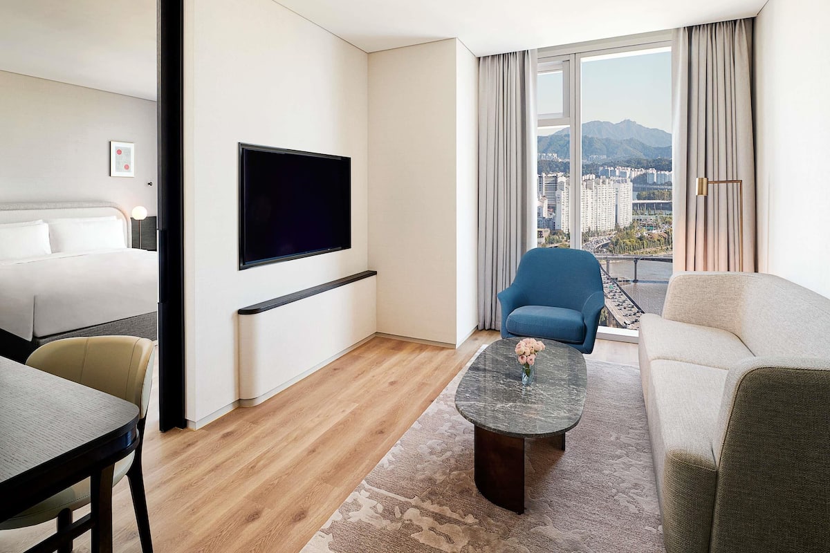 A modern living room with a flat-screen TV, a sofa, a chair, a coffee table, and a view of a cityscape through large windows.