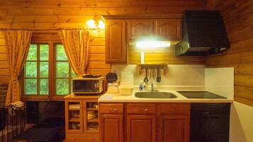 Fridge, microwave, stovetop, cookware/dishes/utensils