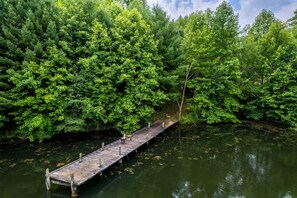 A wooden pier extending into a forested lake.