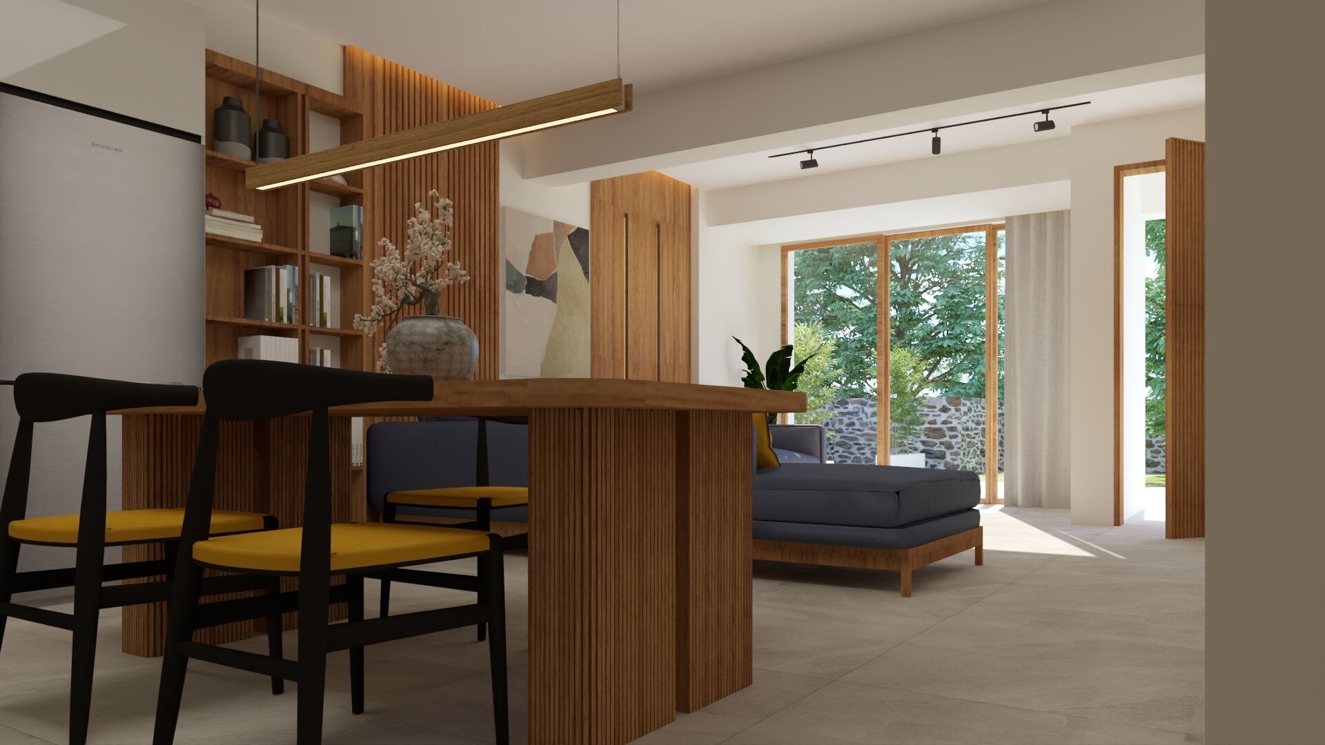A modern living room with a wooden coffee table, a blue sofa, and a bookshelf.
