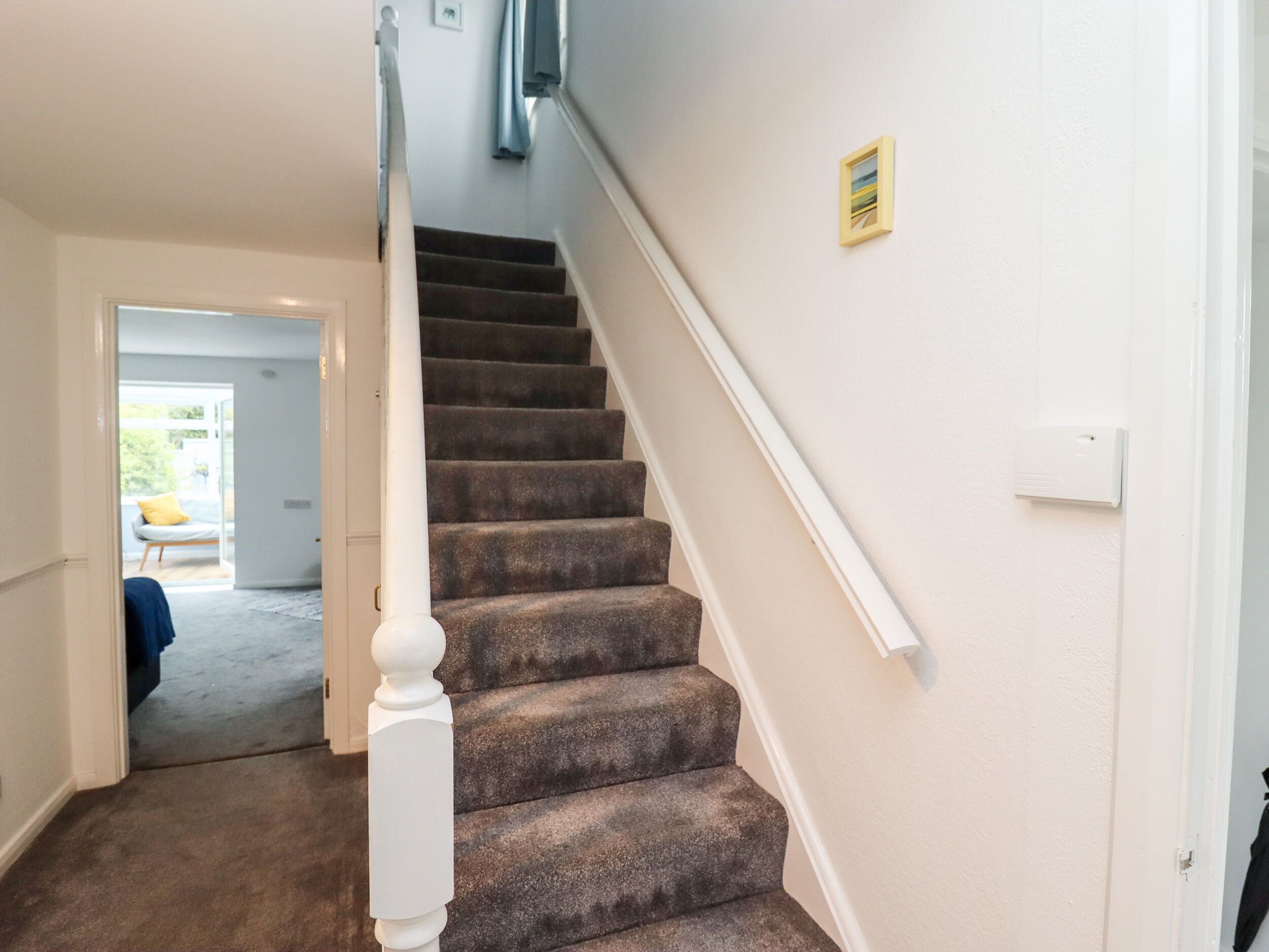 A staircase with carpeted steps and a white balustrade, leading to a room with a door and a light switch on the wall.