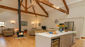 Un vaste espace de vie doté d’un grand plafond en bois, d’une cheminée centrale, d’un îlot de cuisine et d’une table à manger.