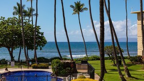 A pool area with palm trees and a view of the ocean.