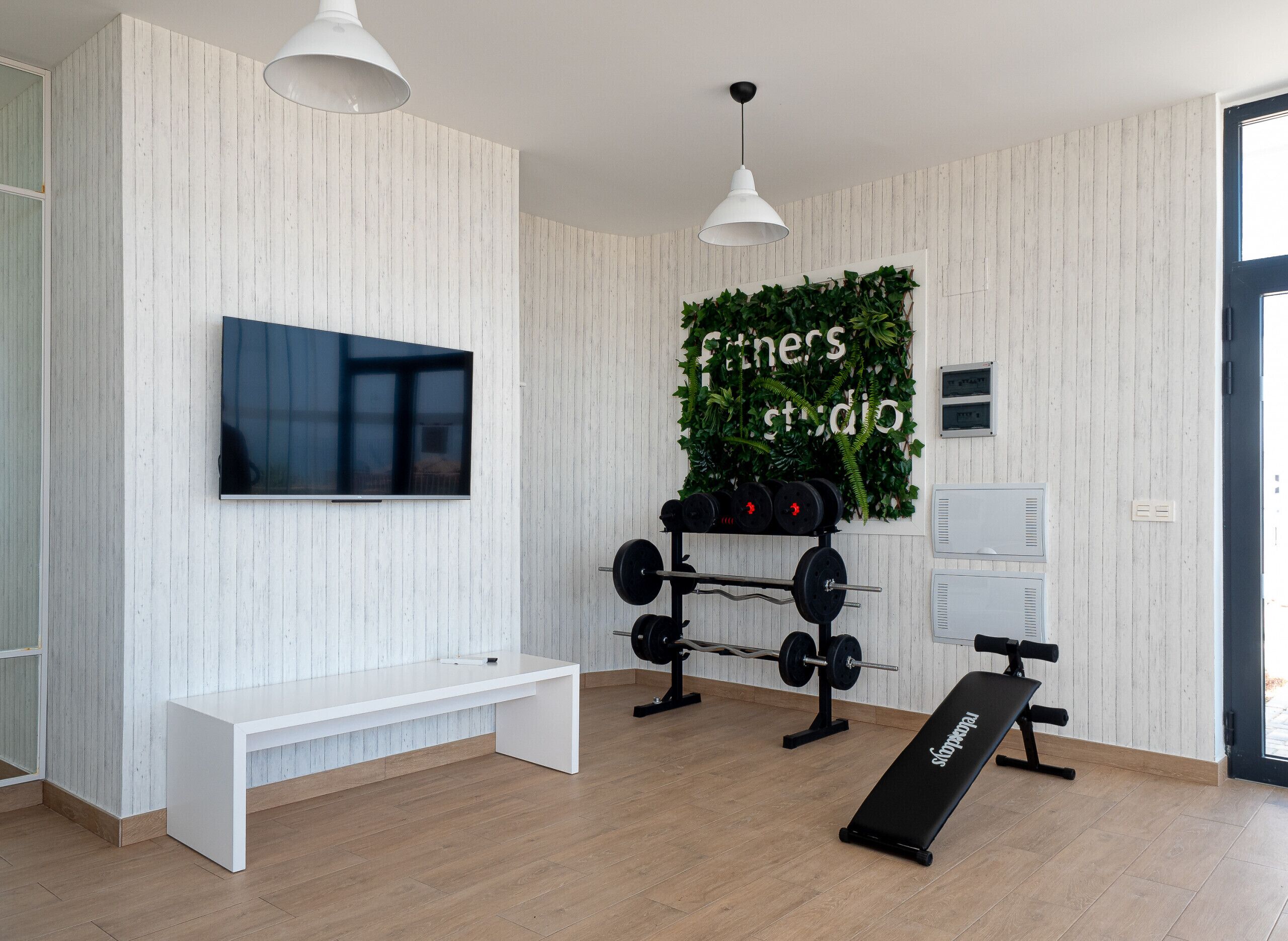 Una palestra moderna con televisore, attrezzature per sollevamento pesi, una panca e una pianta fissata al muro.