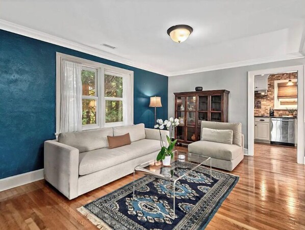 Smart TV, fireplace, DVD player, books