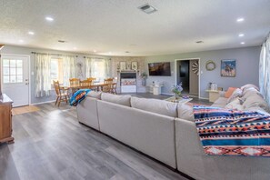 Smart TV, fireplace, books