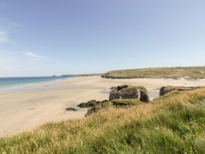 A coastal landscape with a sandy beach, grassy dunes, and rocky outcrops. - Fern (Bude)