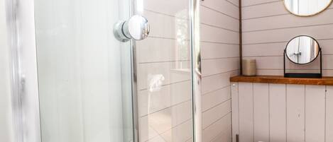 A bathroom with a glass shower door, a toilet, a sink, and a mirror on the wall.