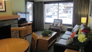 Un salon doté d’une cheminée en pierre, d’un téléviseur, d’un canapé, d’une table basse et offrant une vue sur un paysage enneigé grâce à de grandes fenêtres.