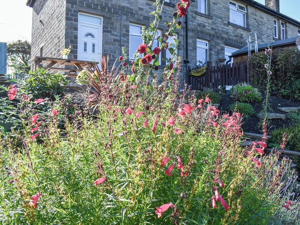 A garden with red flowers in front of a stone building with multiple windows and a wooden fence. - Holme Valley Cottage (Holmfirth)