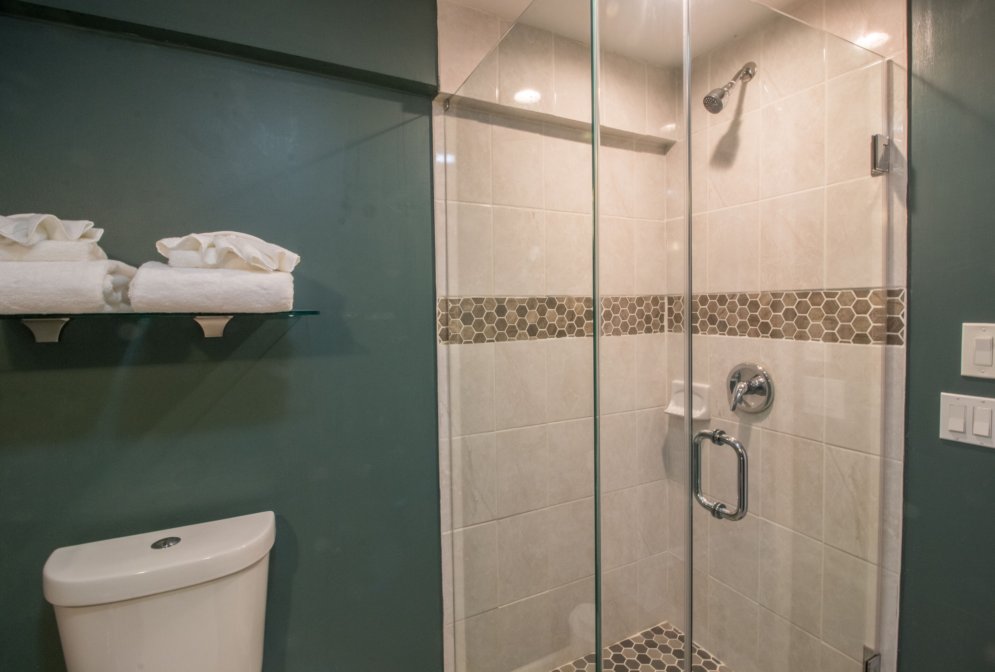 Shower, free toiletries, hair dryer, towels