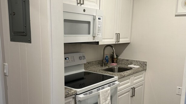 Cucina con mobili bianchi, forno a microonde, piano cottura e lavello.