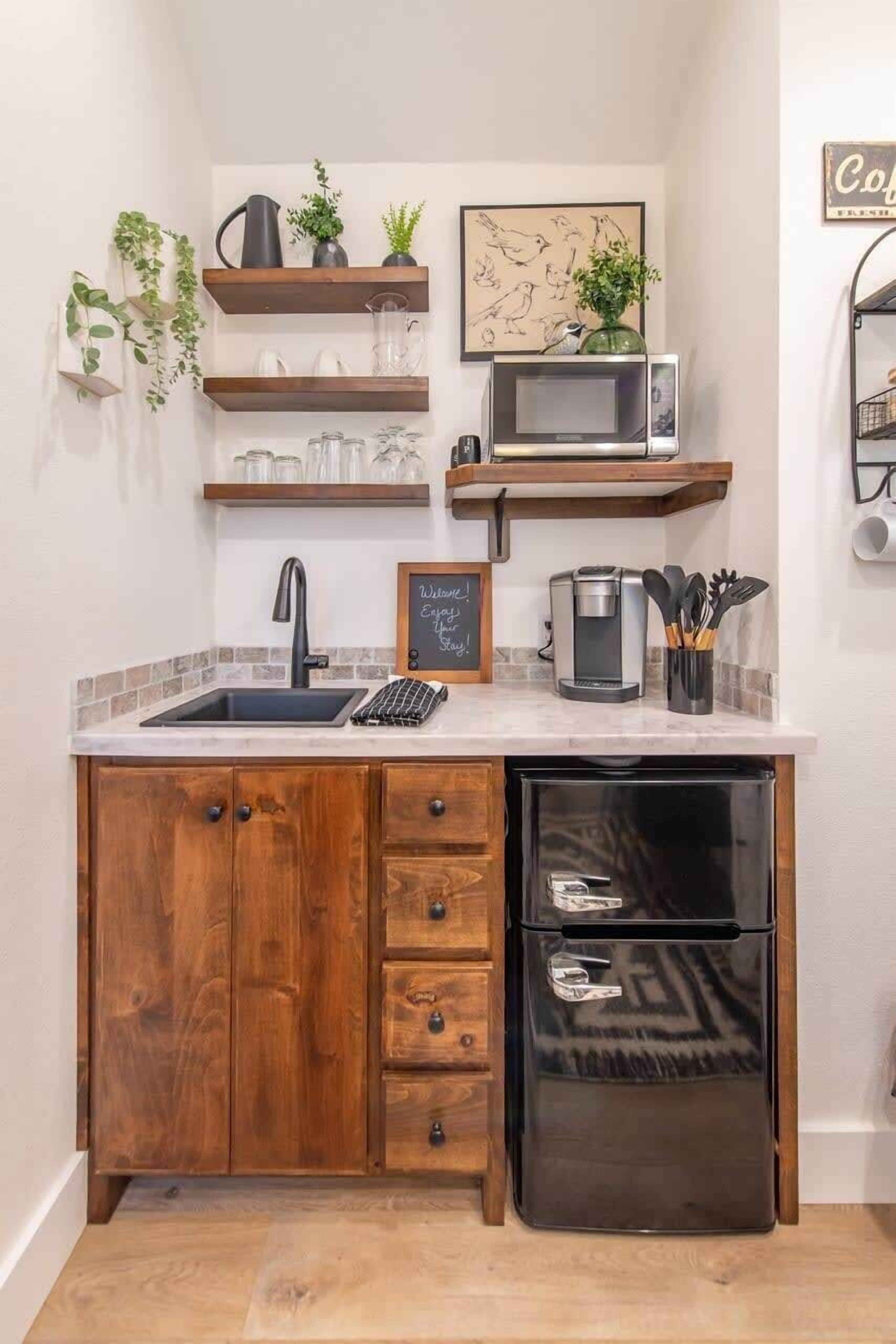 Fridge, microwave, coffee/tea maker