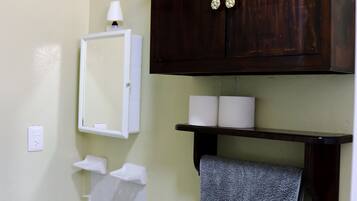 Hair dryer, towels, shampoo, toilet paper