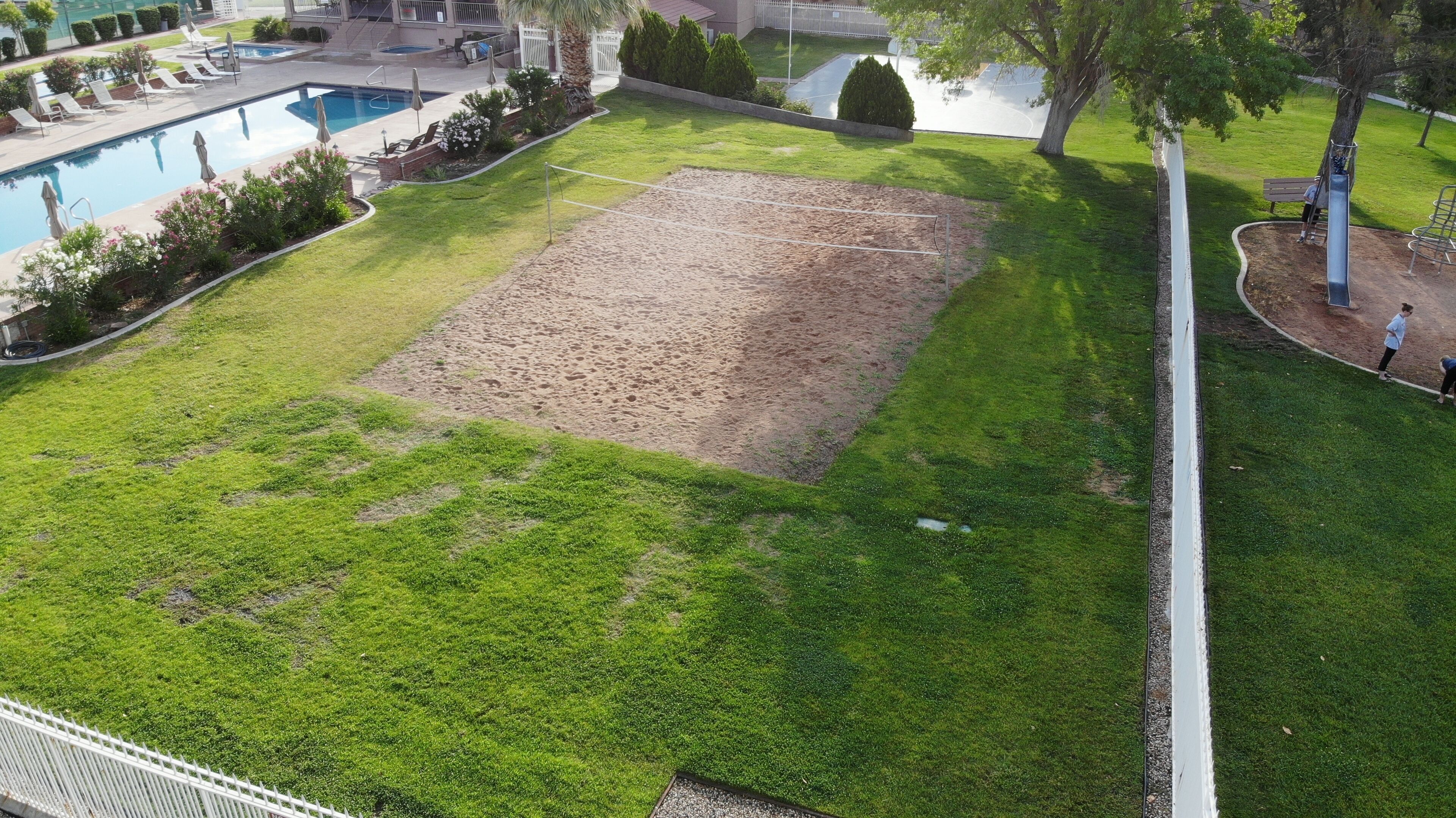Een aangelegde tuin met een zwembad, een zandstrand en een gazon.