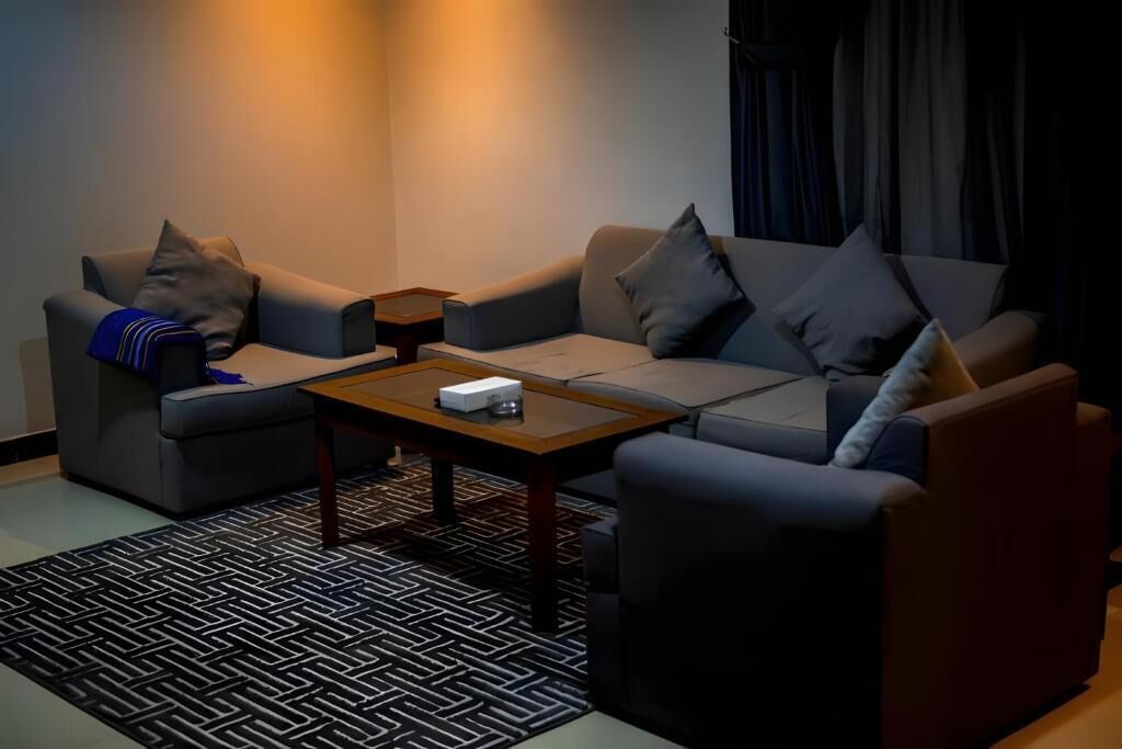 A modern living room with two sofas, a coffee table, and a patterned rug.