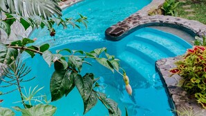 A swimming pool surrounded by lush greenery and plants. - Stunning Luxury Eco Villa (Tzununa)