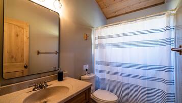 Combined shower/bathtub, hair dryer, towels, soap