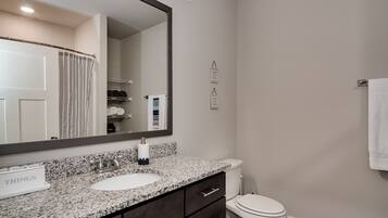 Combined shower/tub, hair dryer, towels, soap