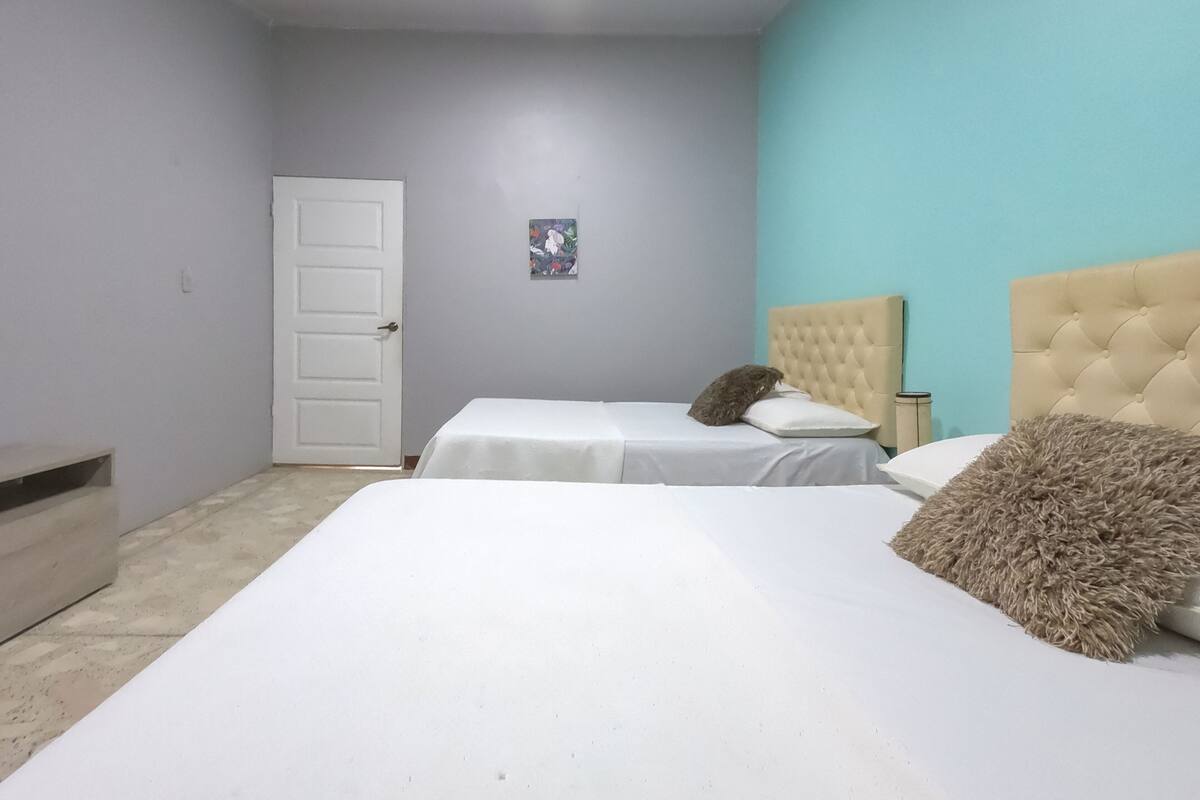 A bedroom with two beds, a door, and a small picture on the wall.