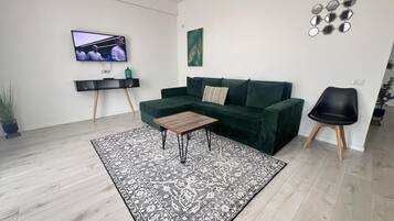 Un salon moderne avec un canapé vert, une table basse en bois et un tapis à motifs.