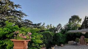 A courtyard with a stone floor, potted plants, and a large terracotta pot with pink flowers. - Villa de Leva - Casa Della Nonna (Modica)