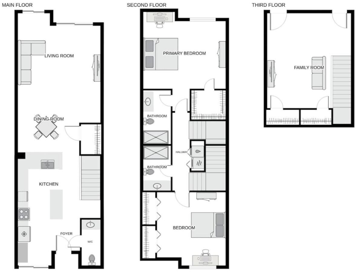 A three-floor apartment layout with a living room, dining room, kitchen, and two bathrooms on the main floor; a primary bedroom, secondary bedroom, and a family room on the second floor; and a family room on the third floor.