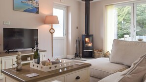 A living room with a TV, a fireplace, a sofa, and a window with a view of greenery. - 1 bedroom accommodation in Llanteg (Llanteg)