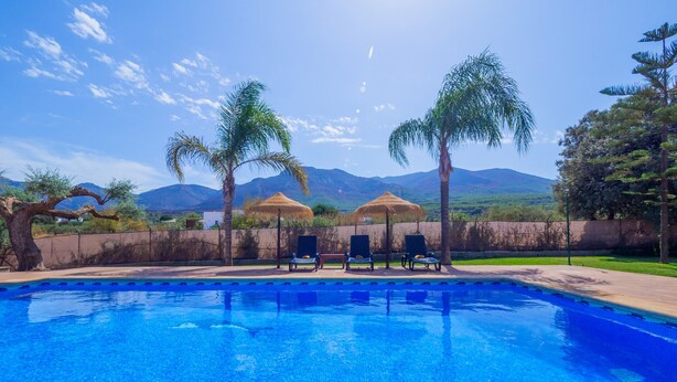 Ein Pool mit Liegestühlen und Palmen, umgeben von einer angelegten Grünfläche mit Bergen im Hintergrund.