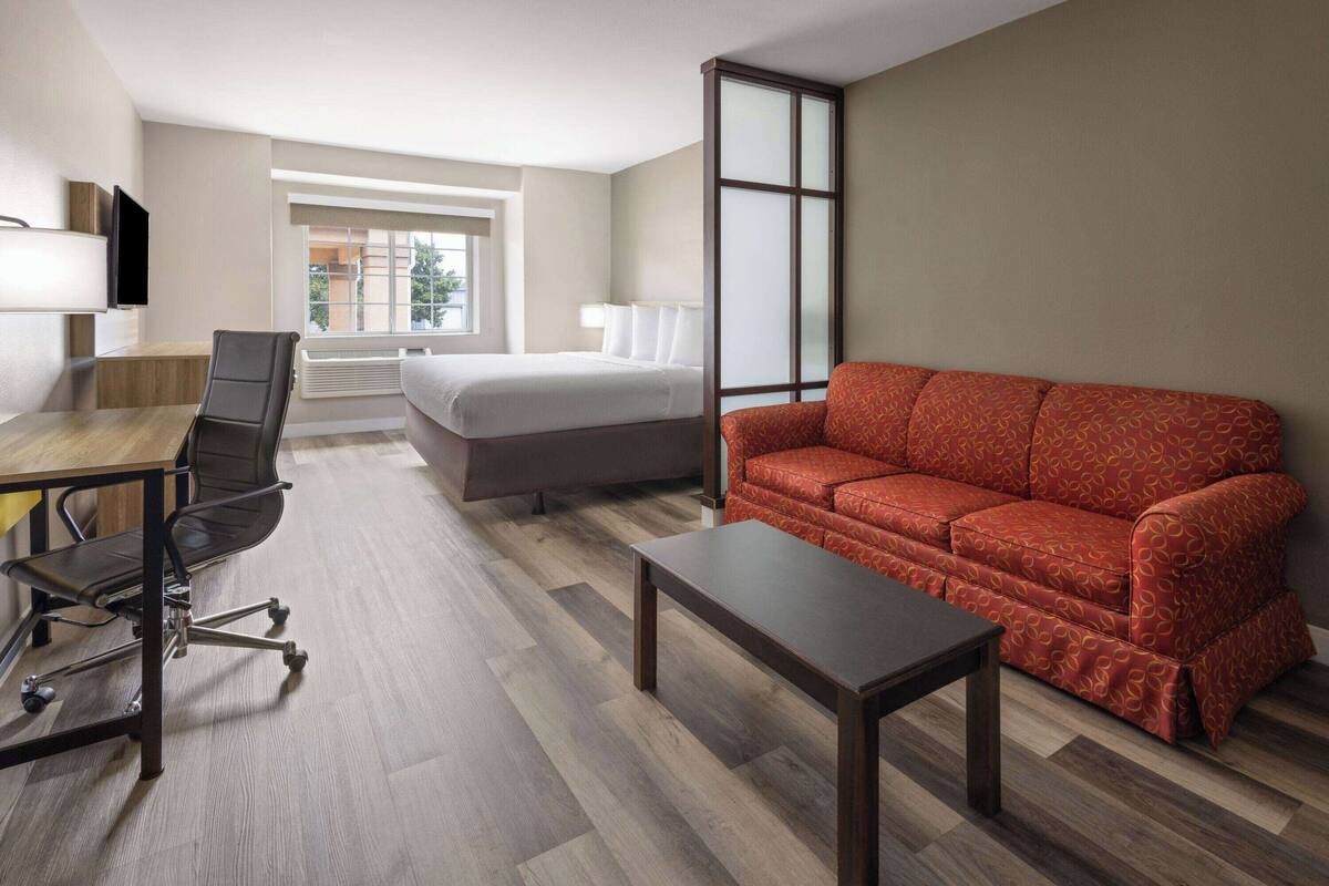 A hotel room with a bed, a red sofa, a desk with a chair, a TV, and a window with a view of buildings.