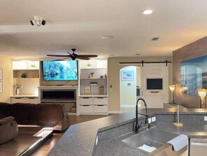 Smart TV, fireplace, video games, table football