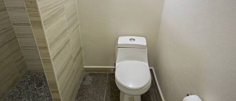 A small bathroom with a toilet, a shower area, and a toilet paper holder.