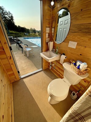 Combined shower/tub, hair dryer, towels, soap - Modern Cabin w/Pool and Hot Tub! (Mountain View)