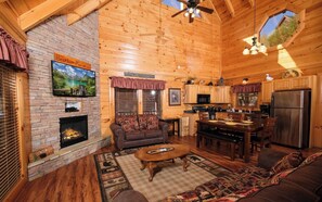 TV, fireplace, video games, DVD player