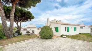 A white building with green shutters, a gravel driveway, and a small garden area with a tree and a bush.
