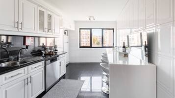 Fridge, microwave, oven, dishwasher