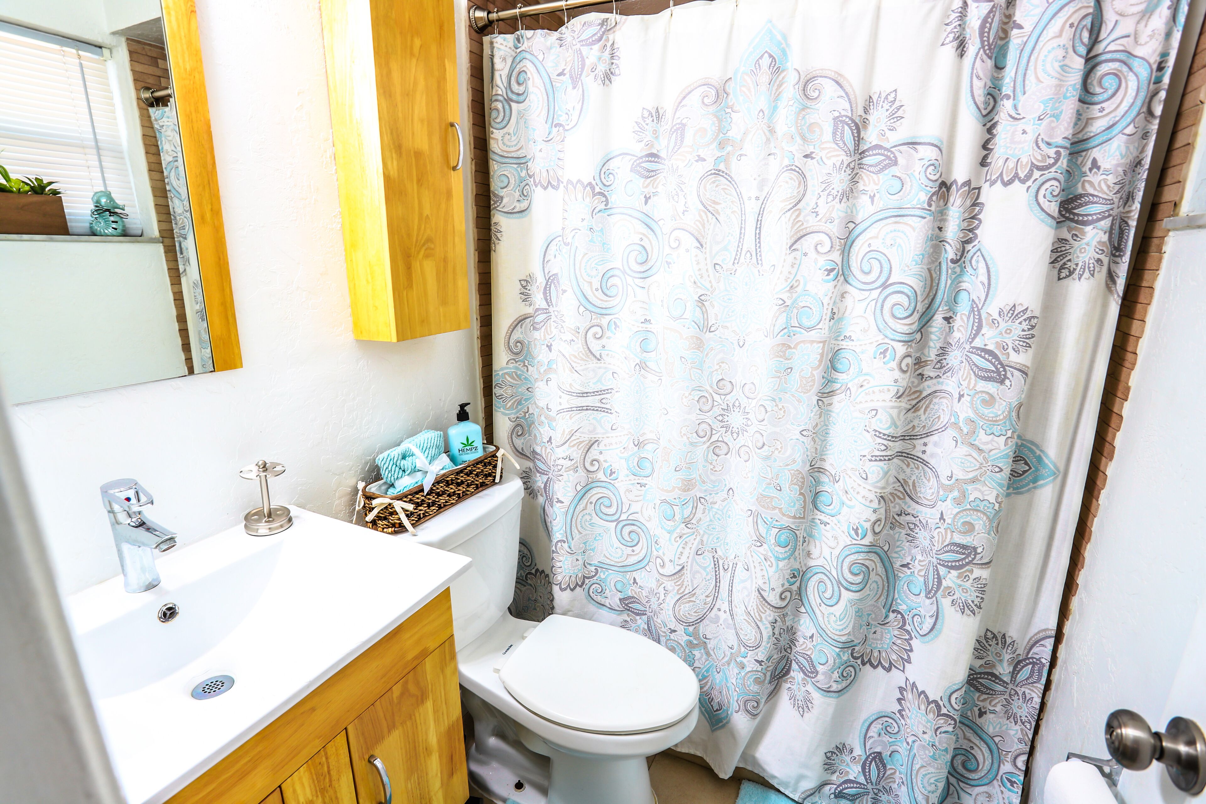 Regadera, secadora de cabello, toallas, jabón 