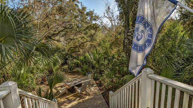 A wooden staircase leading to a deck with a flag, surrounded by lush greenery.