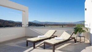 Terraza en la azotea con dos tumbonas, una planta en maceta y vistas a colinas distantes y un puente.