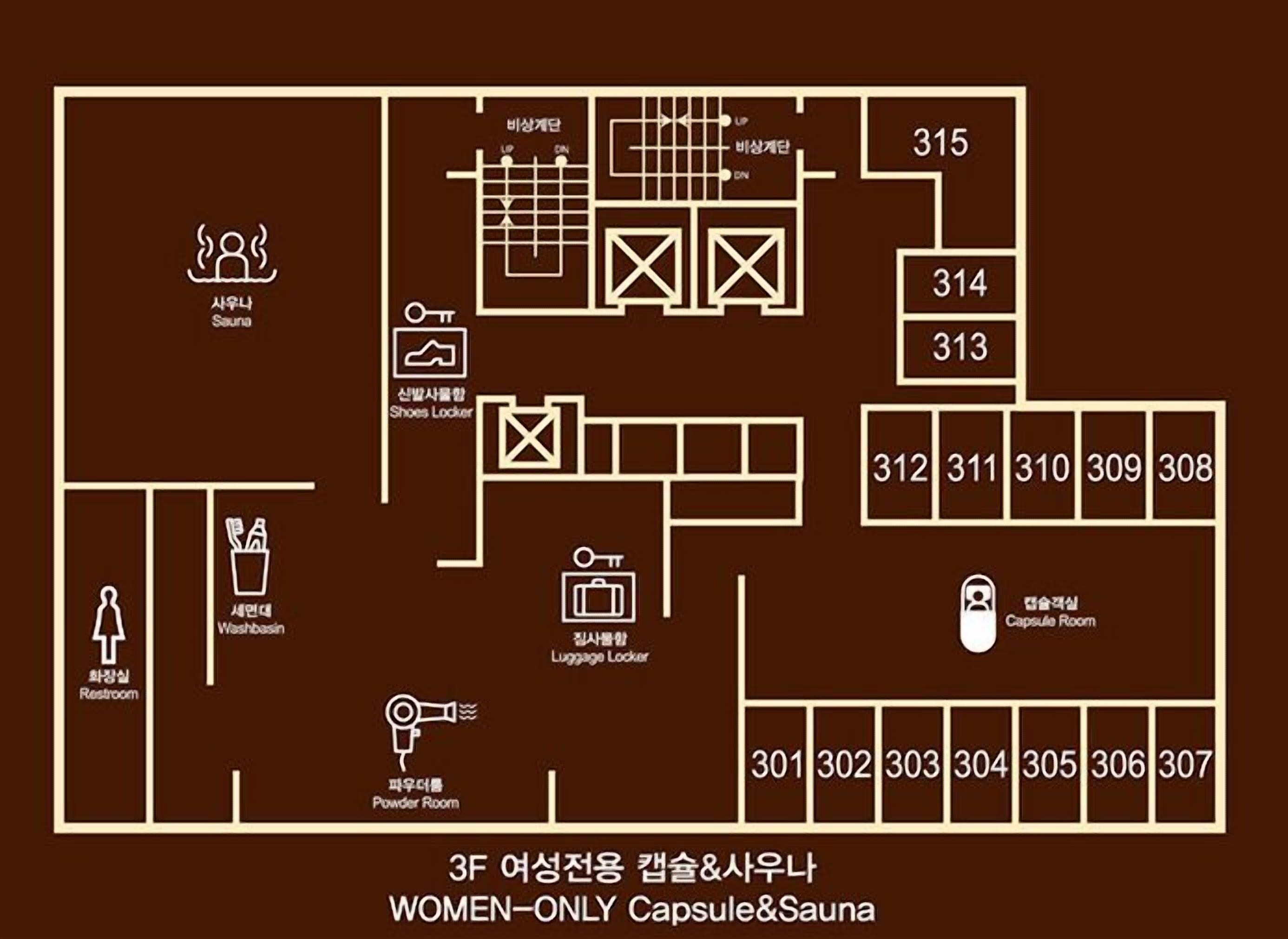 A floor plan of a women-only capsule and sauna hotel with numbered rooms, a sauna, a powder room, and a washbasin.