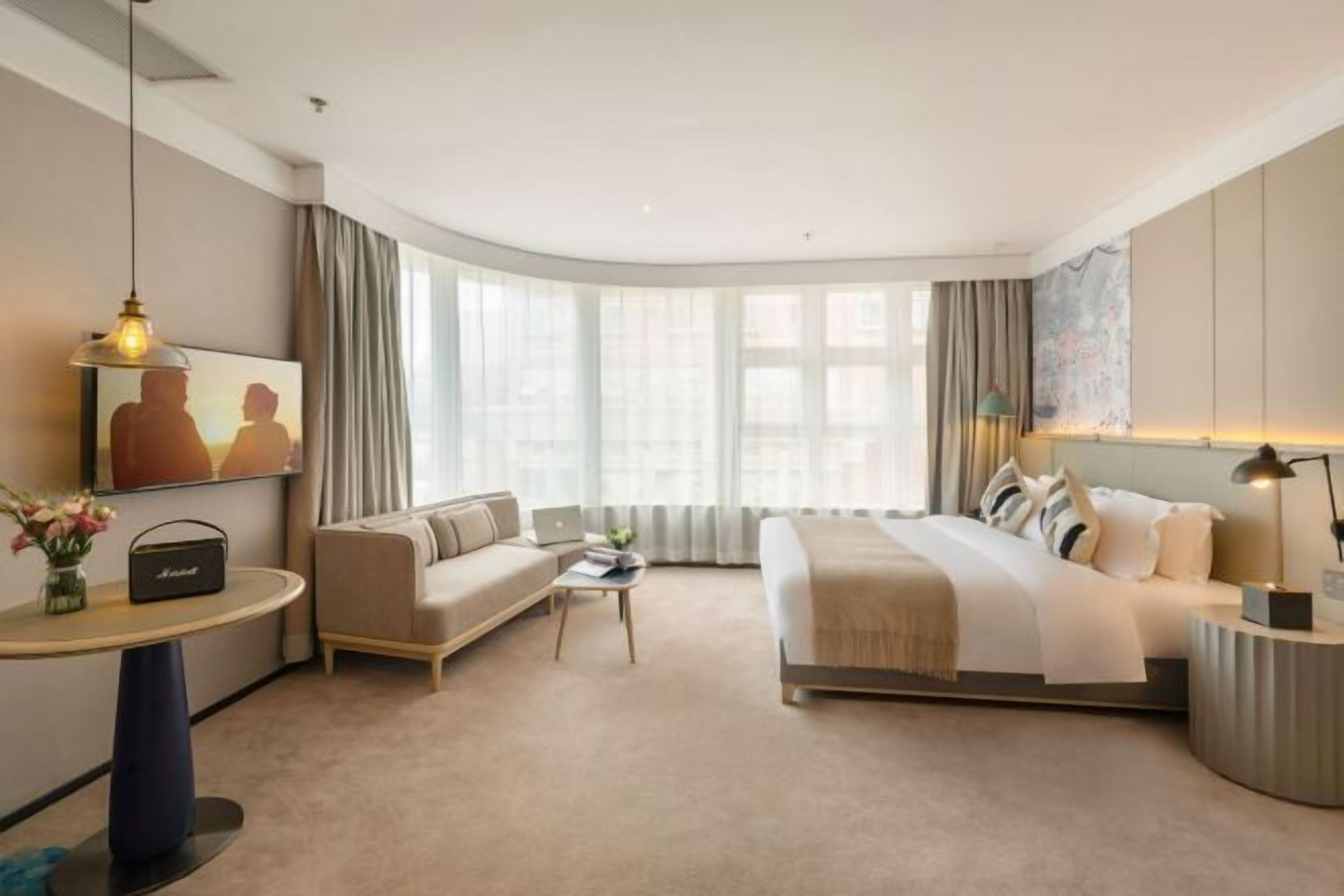 A modern hotel room with a curved ceiling, a bed, a sofa, a small table, and a TV.