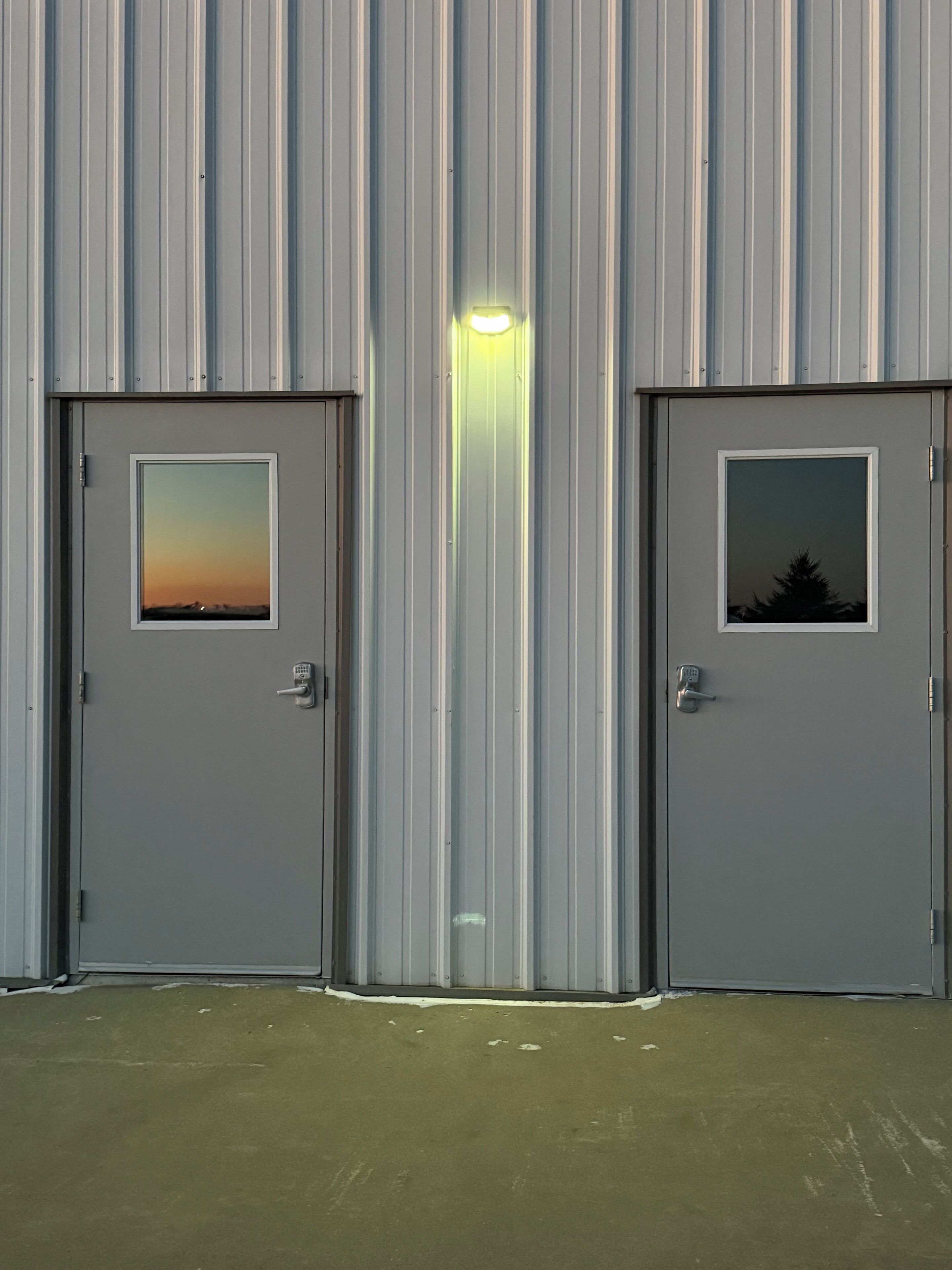 Two doors with windows, one displaying a sunset and the other a silhouette of trees, against a corrugated metal wall.