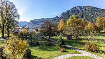 A rural landscape with a paved path, a small building, and a mountain in the background.
