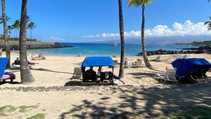 A beach with palm trees, sun loungers, and a clear blue sky. - Ohana Paradise@ Mauna Lani Villages, private beach club access (Waimea)