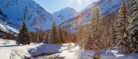 Paisatge de muntanyes nevades amb un rierol, arbres i cel serè.