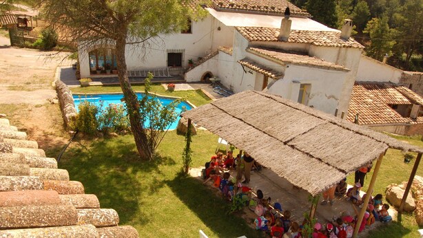 Un patio con piscina, una estructura de techo de paja y una escalera.
