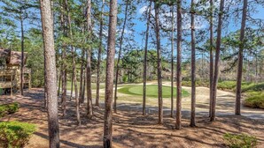 A forested area with a golf course in the background.